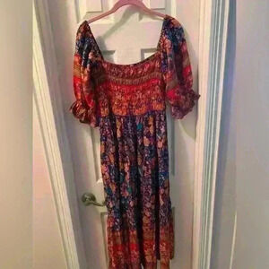 Red and Blue Smocked Off the Shoulder Midi Dress